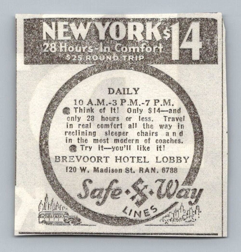 1930s Safe Way Lines NYC Bus Travel Ad Brevoort Hotel Chicago Ephemera